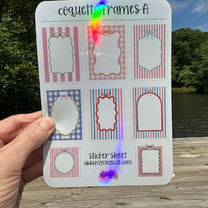 May include: A sticker sheet featuring various frame designs with bows. The frames have different shapes and patterns, including stripes and gingham. The color scheme includes pink, blue, and red. The text "coquette frames A" is at the top. The website address "www.myvinylcut.com" is also visible.