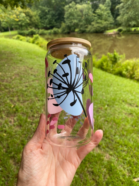 16 Oz Soda Can Shaped Clear Drinking Glass With Floral Design Applied With  Vinyl Bamboo Lid, Plastic Straw Hand Wash Only 