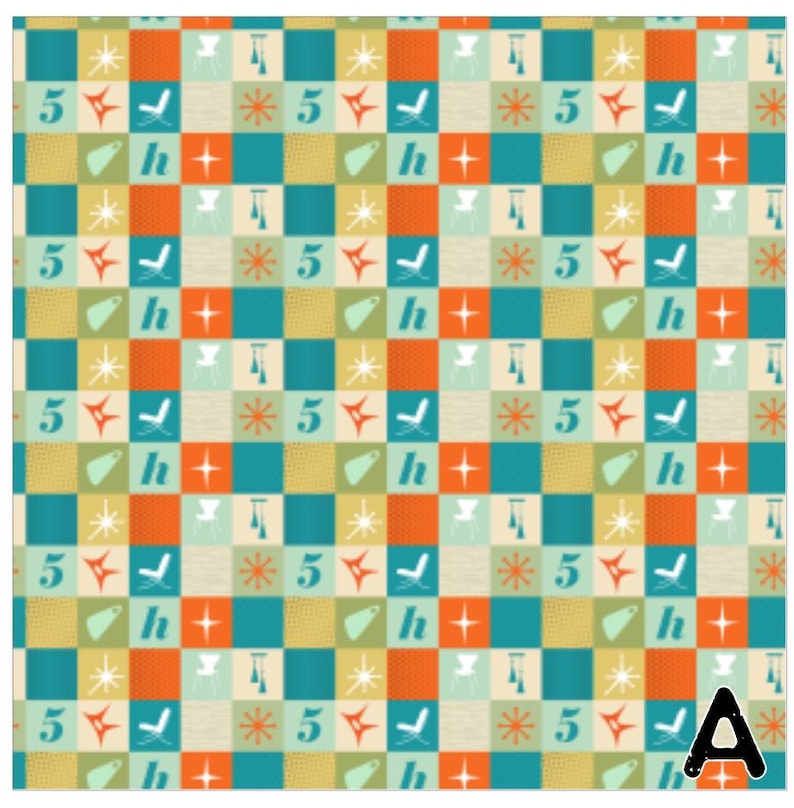 May include: A repeating pattern of colorful squares with retro-style illustrations. The design includes the number "5", stars, chairs, and the letter "h". The color palette features teal, orange, yellow, and cream.