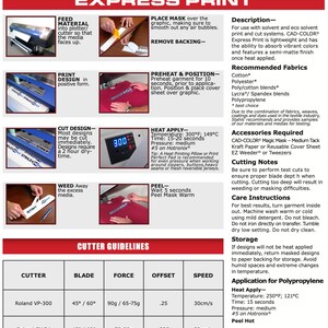 May include: A guide to using heat transfer vinyl for printing designs on fabric. The guide includes instructions for feeding material into the cutter, printing the design, cutting the design, weeding the excess media, applying heat, peeling the mask, and cutter guidelines. The guide also includes a list of recommended fabrics and accessories.