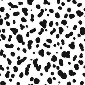 May include: A seamless pattern featuring black spots of varying sizes on a white background. The spots have irregular shapes, creating a spotted design. This pattern is suitable for fabric, wallpaper, or digital backgrounds.