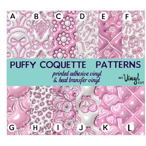 May include: Twelve different patterns of puffy vinyl in pink and white. The patterns include bows, flowers, hearts, and polka dots. The text "PUFFY COQUETTE PATTERNS" is printed in black on a turquoise background. The text "printed adhesive vinyl & heat transfer vinyl" is printed in black on a white background. The text "MY Vinyl CUT" is printed in white on a black background.