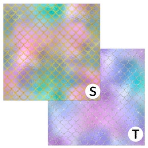 Puede incluir: Dos fondos de papel digital con un patr&oacute;n de escamas de sirena. El primer fondo es un degradado rosa, azul y verde con escamas doradas. El segundo fondo es un degradado morado y azul con escamas plateadas brillantes.