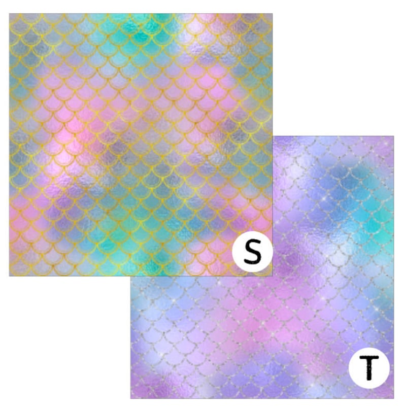 Puede incluir: Dos fondos de papel digital con un patr&oacute;n de escamas de sirena. El primer fondo es un degradado rosa, azul y verde con escamas doradas. El segundo fondo es un degradado morado y azul con escamas plateadas brillantes.