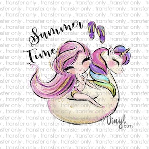May include: A whimsical illustration featuring a mermaid and a unicorn, with the words "Summer Time." The mermaid has pink hair and is wearing a swimsuit. The unicorn has a rainbow mane and horn. Purple flip-flops are also shown. The design is for a vinyl cut.