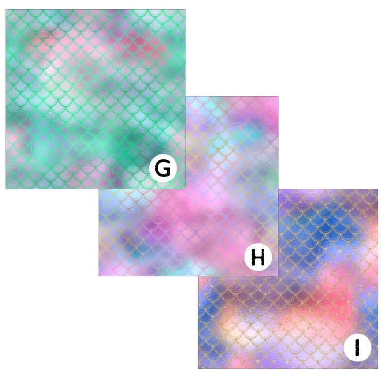 Puede incluir: Tres papeles digitales con diferentes patrones de escamas de sirena. El primer papel es de color verde azulado, el segundo es de color rosa y morado, y el tercero es de color azul y morado.
