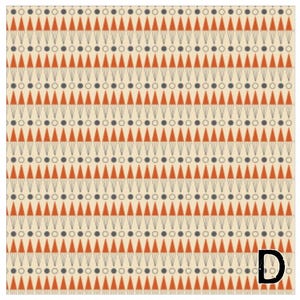 May include: A repeating pattern featuring rows of orange triangles, gray circles, and white circles on a beige background. The letter "D" is in the bottom right corner. This design is suitable for fabric or wallpaper.