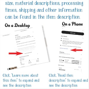 Puede incluir: Un gr&aacute;fico instructivo que muestra c&oacute;mo ver los detalles de un art&iacute;culo en Etsy. Muestra una vista de escritorio y una de tel&eacute;fono con flechas rojas que se&ntilde;alan los enlaces para expandir y leer la descripci&oacute;n completa del art&iacute;culo.
