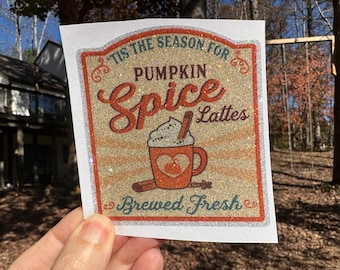 Sticker 41D Tis the Season for Pumpkin Spice Latte Christmas Tumbler Label Vinyl Decal PRINTED White Clear Transparent Glitter Sticker
