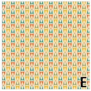 May include: A repeating pattern of colorful, stylized shapes in orange, teal, yellow, and green on a cream background. The shapes are arranged in vertical rows, creating a retro, geometric design. The letter "E" is in the bottom right corner.