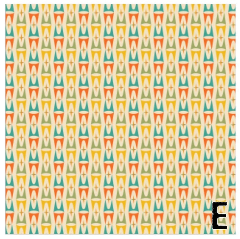 May include: A repeating pattern of colorful, stylized shapes in orange, teal, yellow, and green on a cream background. The shapes are arranged in vertical rows, creating a retro, geometric design. The letter "E" is in the bottom right corner.