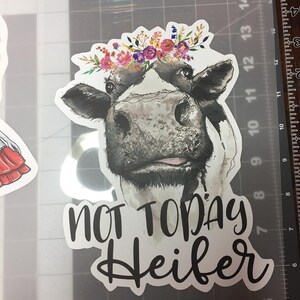 May include: A sticker featuring a black and white cow with a floral crown. The cow has a watercolor effect. The text "NOT TODAY Heifer" is written in a black script font below the cow's face.