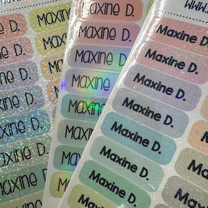 May include: Sheets of personalized name labels with the name "Maxine D." printed in black on various pastel-colored backgrounds. The labels have a glossy finish and are arranged in rows. The website "www.myvinylcut.com" is printed at the top.