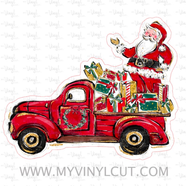 Sticker 30G | Santa Claus in Truck | Waterproof Vinyl Sticker | White | Clear | Permanent | Removable | Window Cling | Glitter | Holographic