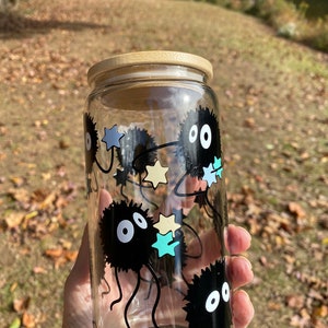 16 oz Soda Can Shaped Clear Drinking Glass Soot Sprite design applied with Vinyl with Bamboo Lid and Plastic Straw Hand Wash Only