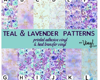 Printed Vinyl LAVENDER and TEAL Patterns 12 x 12 inch sheet of Heat Transfer Vinyl (htv) or Adhesive Vinyl Choose Pattern and Type of Vinyl