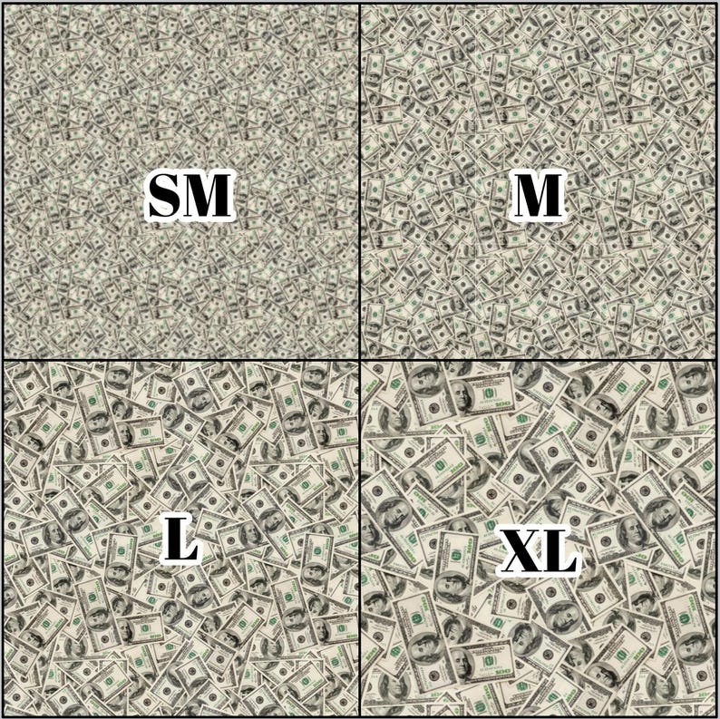 May include: A collage of four sections, each displaying a pattern of US $100 bills. The sections are labeled with the sizes: SM, M, L, and XL. The bills are green and white, with portraits and text visible.