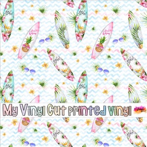 May include: A repeating pattern of surfboards, sunglasses, and tropical flowers on a blue and white chevron background. The surfboards are decorated with pineapples, floral designs, and the word "Aloha!". The text "My Vinyl Cut Printed Vinyl" is at the bottom.