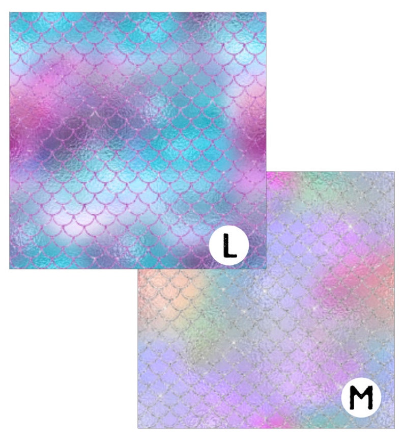 Puede incluir: Dos muestras de tela de escamas de sirena en diferentes colores. La muestra superior es una tela iridiscente turquesa y p&uacute;rpura con la letra "L" en un c&iacute;rculo. La muestra inferior es una tela iridiscente p&uacute;rpura claro y rosa con la letra "M" en un c&iacute;rculo.