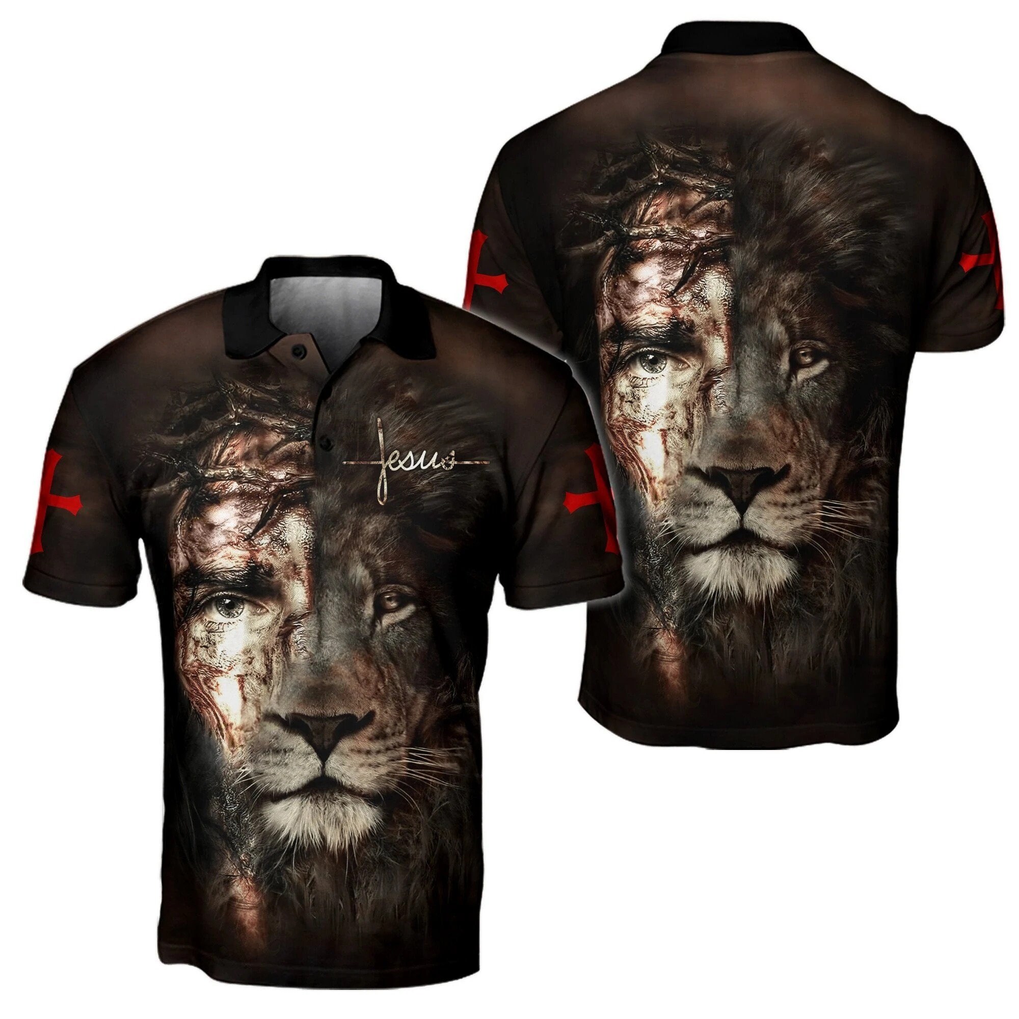 Jesus and Lion 3D All Over Printed Unisex Polo Shirt- Jesus Christ Polo Short Sleeve, Long Sleeve Polo Shirt