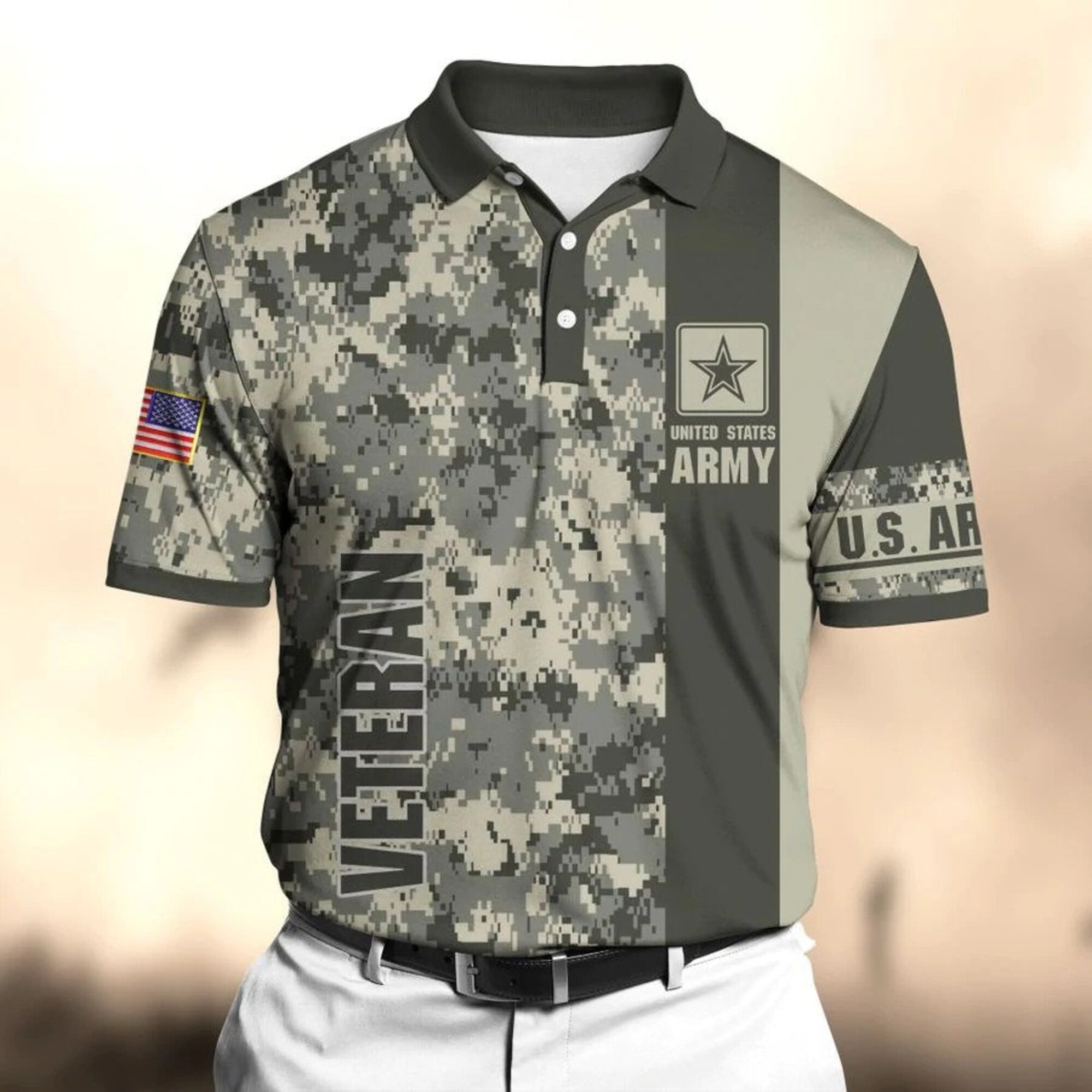 American Veteran Polo Camouflage All Over Printed Shirt- U.S Army Custom Name Veteran Polo shirt
