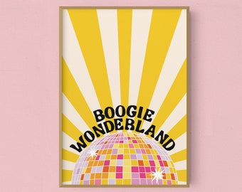 País das Maravilhas da Boogie | Impressão de arte de discoteca | cartaz da discoteca dos anos 70 | Estampa de bola de espelhos