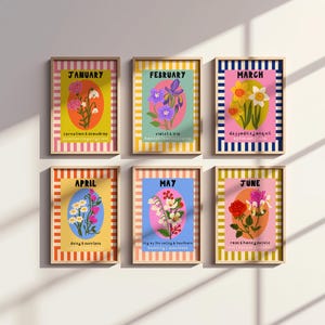 May include: Six colourful cards with illustrations of flowers and the name of a month, January through June. Each card has a striped background and a circle with the flower illustration.