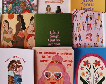 MISTURE E COMBINE - pacote de 4 cartões postais ilustrados - presente para ela - impressão artística - arte feminista - presente para amiga - cartão postal feminista