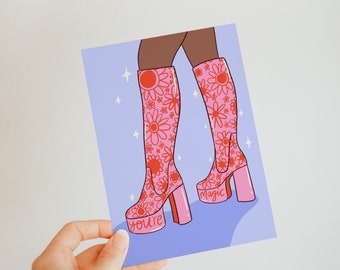 Você é mágico - cartão postal ilustrado - arte feminista - arte da moda - botas dos anos 70