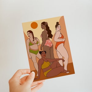 Filles de vacances - carte postale illustrée - art ami - amitié - art féministe - art positif de corps - carte d’anniversaire