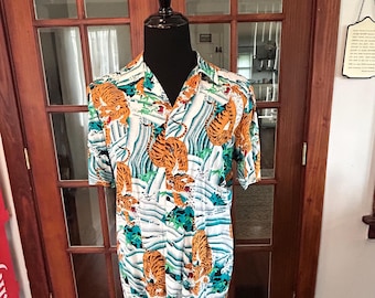 VINTAGE  1990's Hawaiian Shirt Large Blue Orange Rayon All Over Tiger Floral