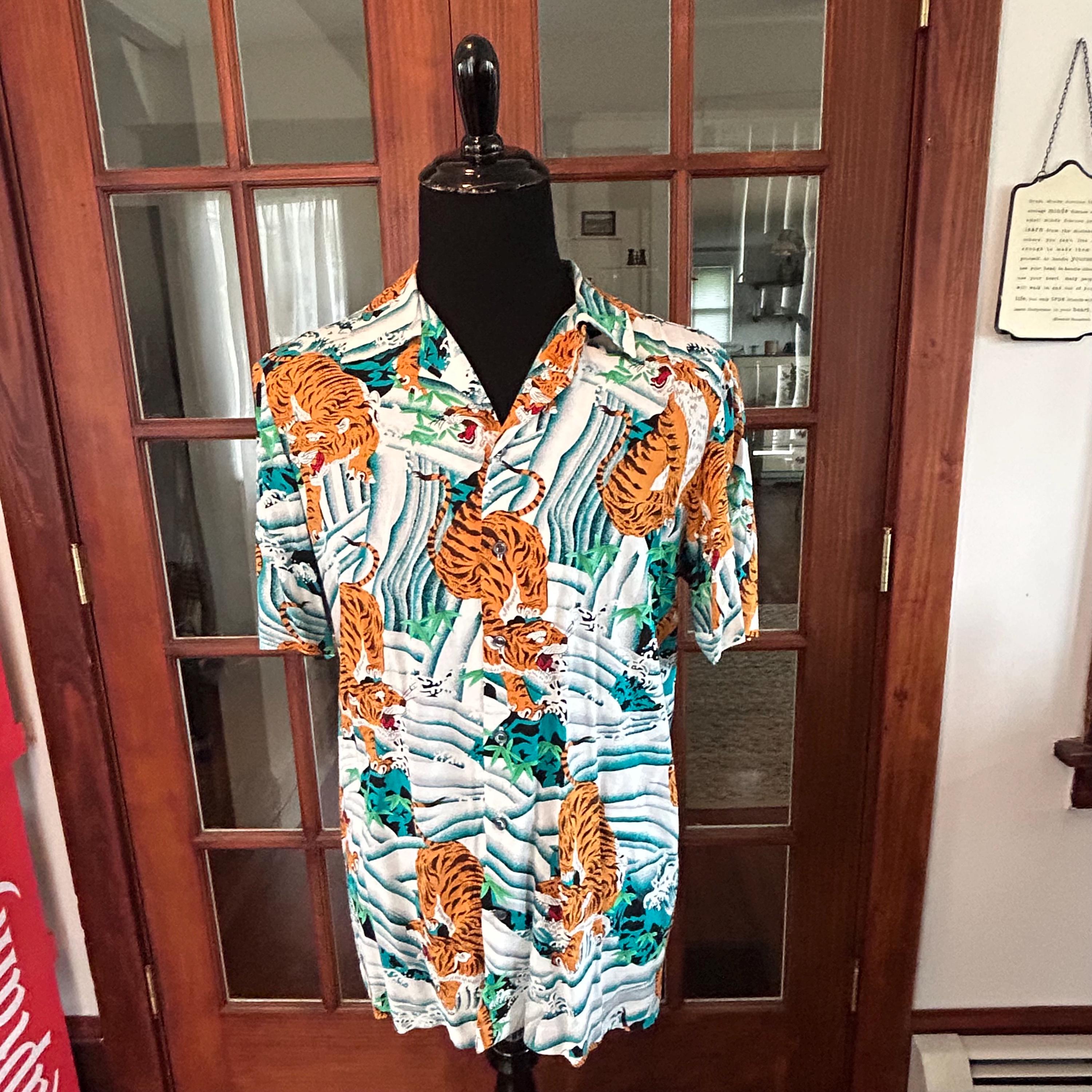 VINTAGE 1990's Hawaiian Shirt Large Blue Orange Rayon All Over