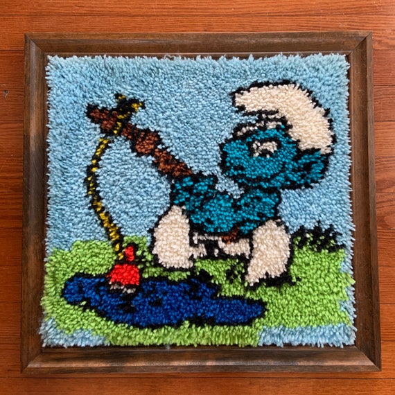 Vintage Early 1980's Smurf the Angler Framed Shag Rug