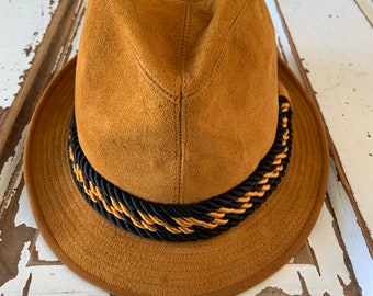 Vintage skórzany zamszowy kapelusz typu fedora