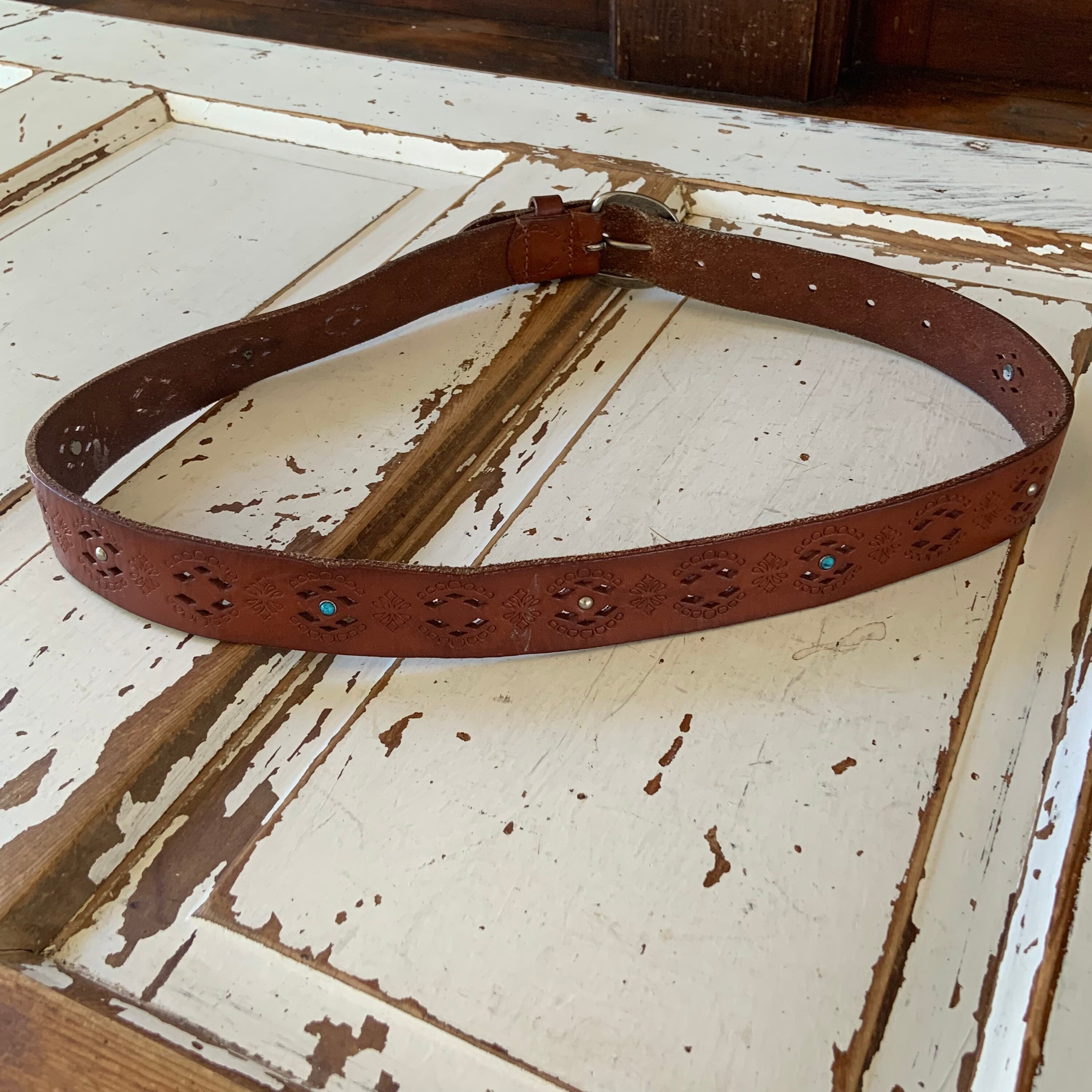 Vintage 1980\'s HandTooled Leather Belt with Stone and bead compliments S 4 Vintage 1980 main image 4