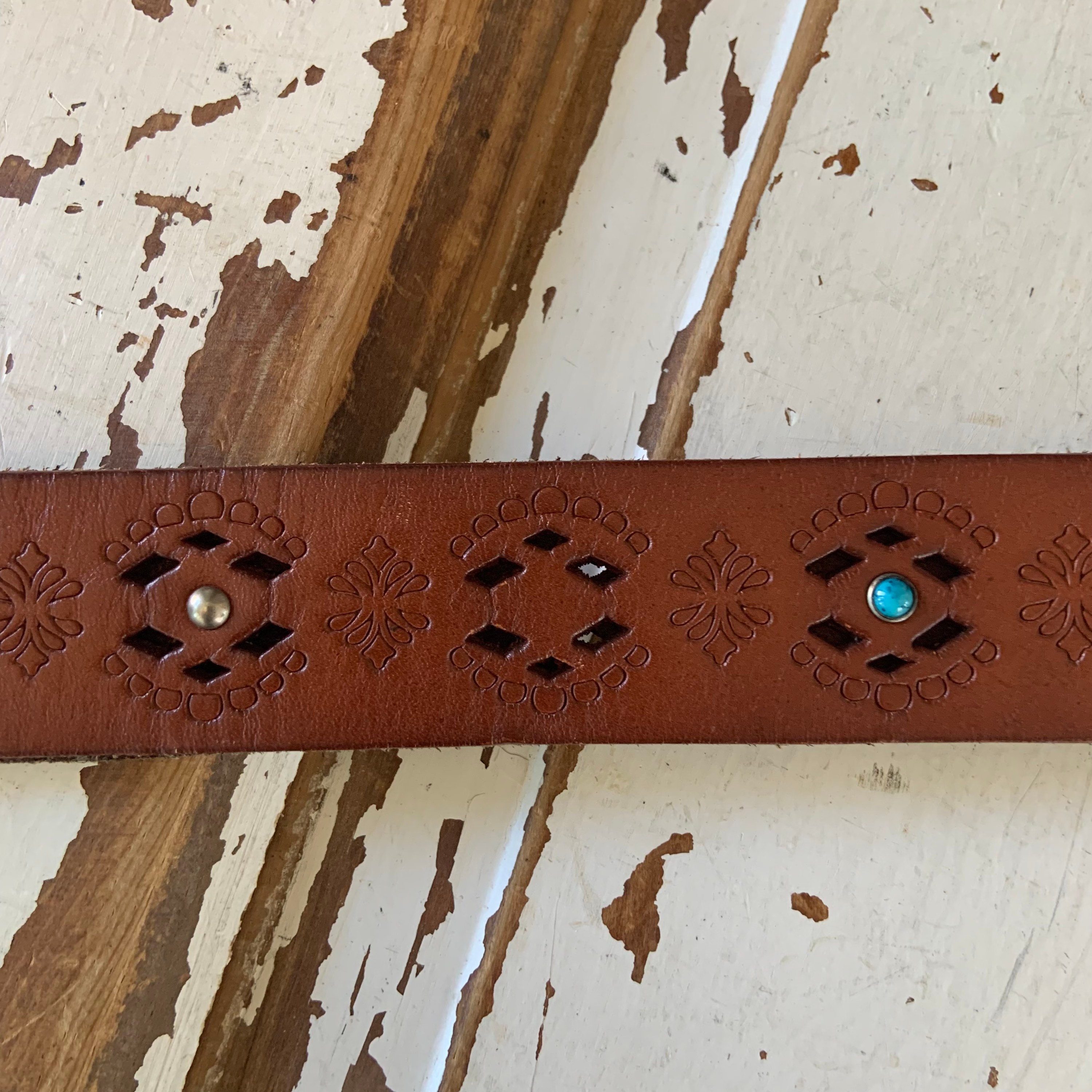 Vintage 1980\'s HandTooled Leather Belt with Stone and bead compliments S 4 Vintage 1980 main image 3