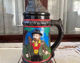 Vintage 1971 Large Hand Painted Ceramic Bavarian Lidded Beer Stein Man and Dog