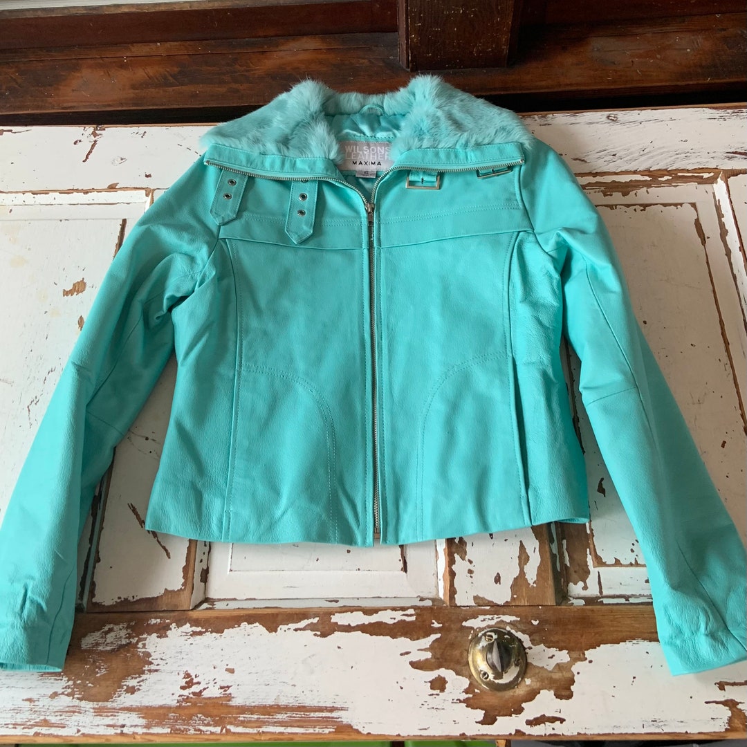 Vintage 1990s Baby Blue Leather Jacket With Fur Collar New Old Stock Etsy