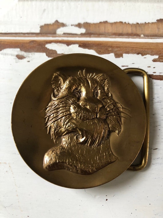 Vintage Solid Brass Lion Head Belt Buckle