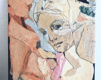 Vintage Paper Mache Portrait | Female Portrait Painting  Mixed Media