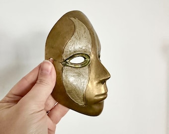 Vintage 1980s Brass mini mask wall decor unusual gold maximalism