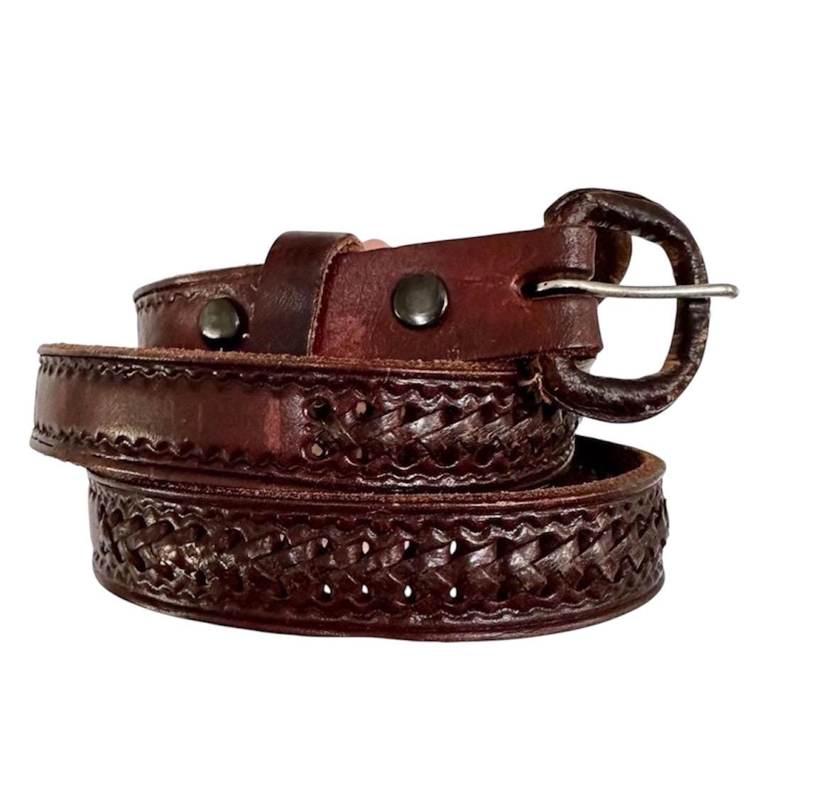 Vintage Woven Leather Belt Carved Wood Buckle Brown Boho Western Unisex S/M Vintage Carved belt leather brown natural neutral woven  main image 2