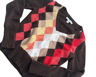 tommy hilfiger argyle vintage sweater S pattern diamond brown preppy retro red