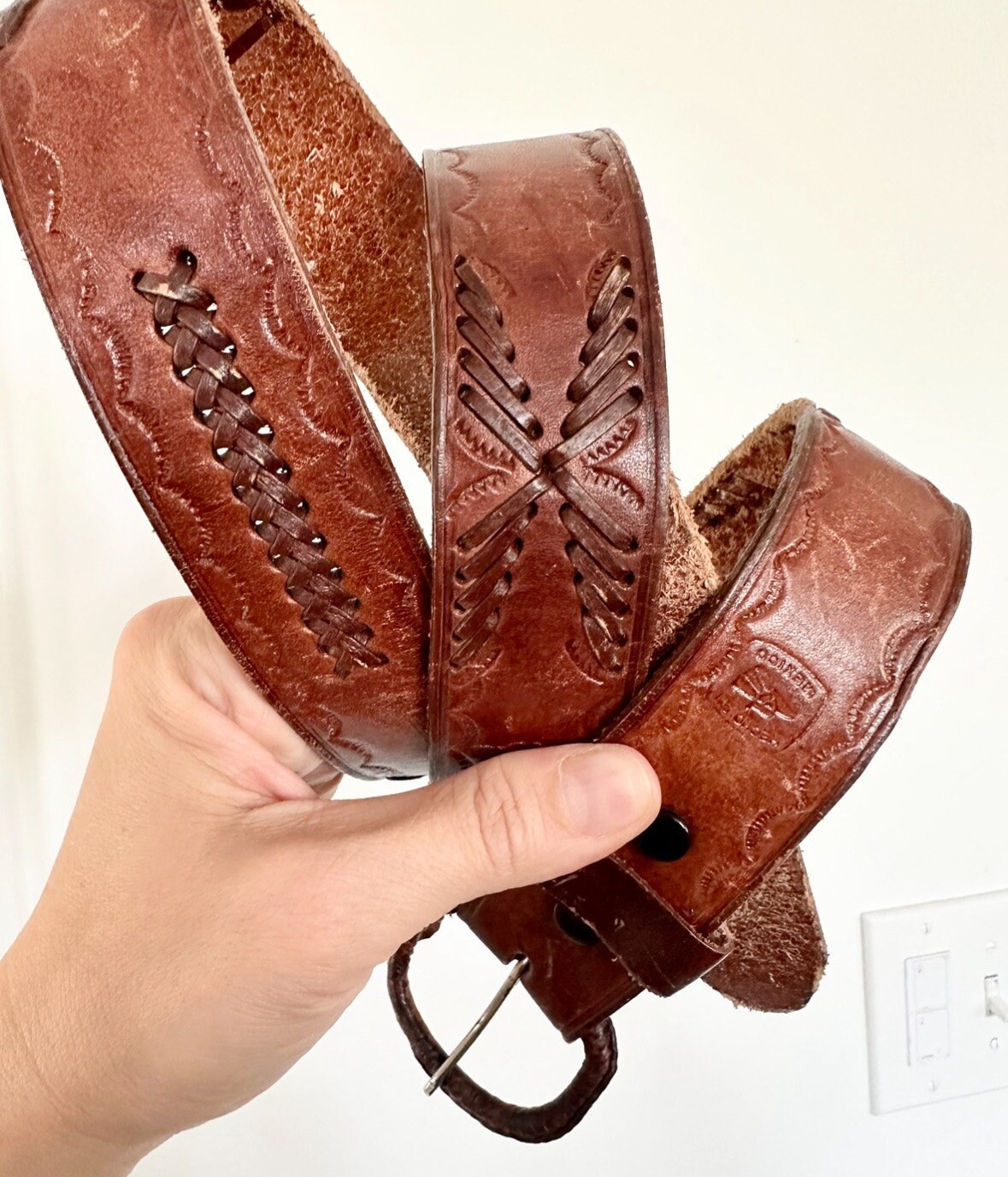 Vintage 100% Leather Beaded Western Belt Woven Boho Festival Rustic Cognac M BEADED BELT BROWN | Twisted X Belt (XIBB-103) – Botas Rojero main image 4