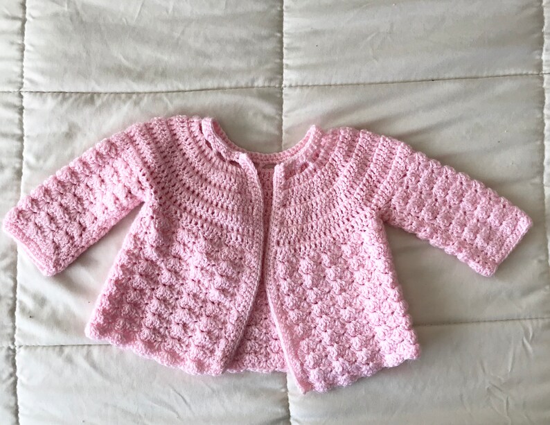 Vintage baby sweater handmade hand crocheted crochet pink baby shower gift 12 18 mos