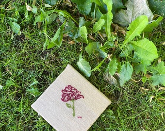 Hand Embroidered Rose on Burlap Canvas