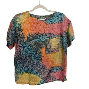 Vintage 100% silk top tie dye swirl shirt short sleeve bright bold S orange teal