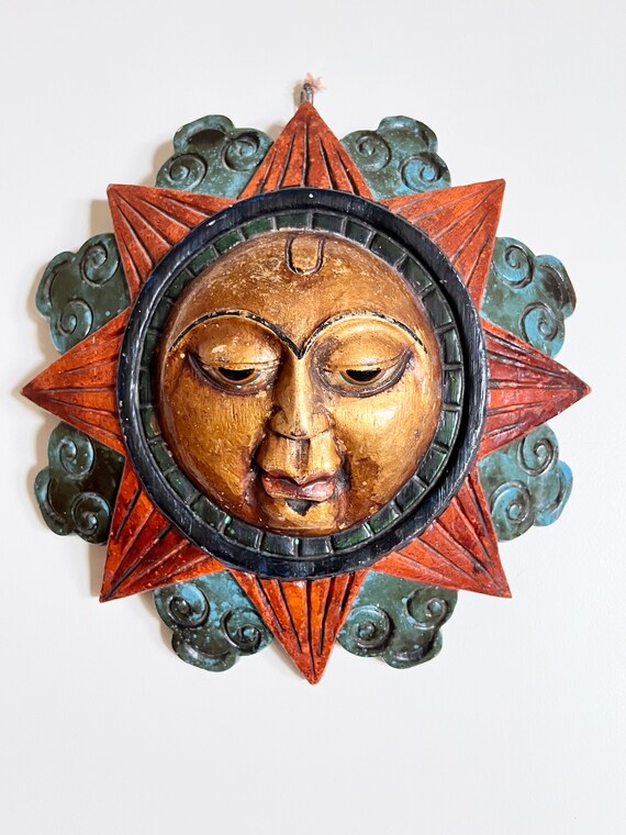 Carved Wooden Sun Painted With Turquoise Gold and Etsy