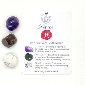 May include: A white card with the zodiac sign Pisces and the dates 19th February - 20th March. The card lists the crystals Amethyst, Bloodstone, and Howlite, with their properties. There are four tumbled stones in the image: a purple Amethyst, a red and brown Bloodstone, a white Howlite, and a dark green stone.