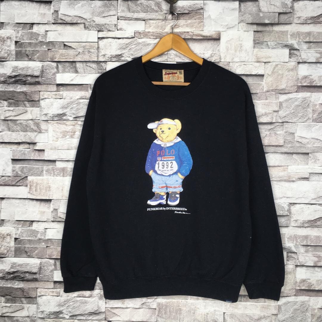 Vintage 90s Polo Bear by Ralph Lauren Hoodies Sweatshirt Designer  Streetwear Hip Hop Mens Sweater Gray Pullover Size Medium 